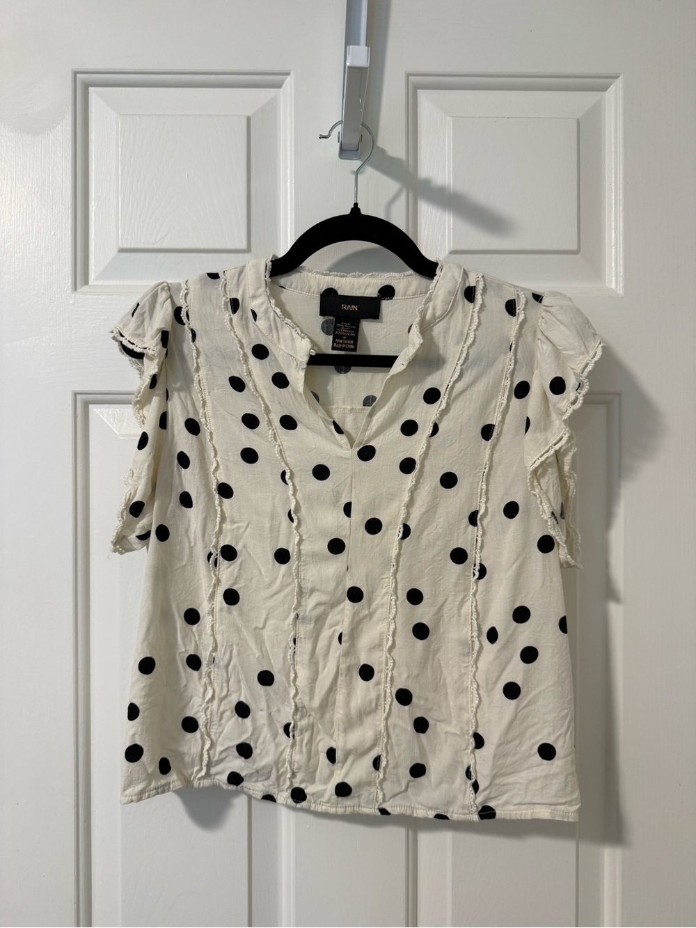 Polka Dot Ruffle Sleeve V-Neck Blouse - Ivory/Black